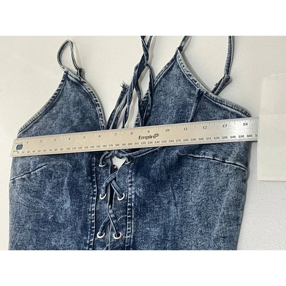 Windsor's Laced Up In Denim Dress Bodycon‎ V-neck Spaghetti Straps Sz S Grunge